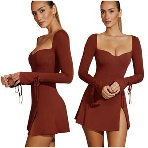 OH POLLY AMRYN Long Sleeve A-Line Mini Dress in Brick Sexy Inner Bodysuit Sz 2